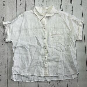 Josie 100% Linen White Button Front
Blouse Sz M | Lace Detail Pocket